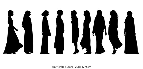 silhouette of muslim hijab woman female vector. set of silhouette of muslim hijab woman female vector full body. silhouette of muslim hijab woman female girl  
