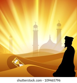 Silhouette of Muslim male reading Namaz on rays background with Mosque or Masjid and hour glass. EPS 10.