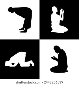silhouette of muslim man praying, kneeling, prostration, bowing and praying vector illustration