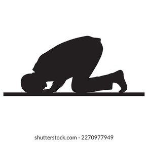 Silhouette of muslim man praying on white background.