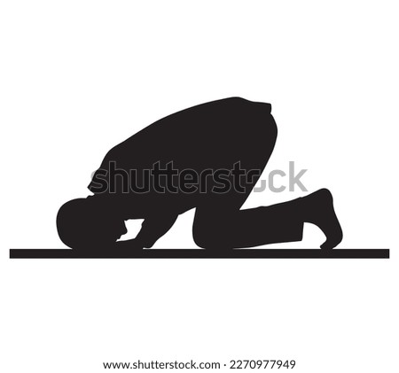 Silhouette of muslim man praying on white background.
