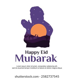 Silhouette of a Muslim man praying under the crescent moon and stars, with camels and desert landscape in the background, celebrating Eid Mubarak with modern typography and Islamic quotes.