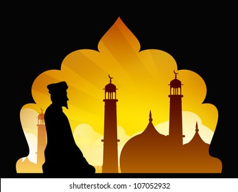 Silhouette of a Muslim man reading Namaz in Mosque or Masjid. EPS 10.