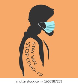 Silhouette muslim man wearing medical face mask to shield or stop Coronavirus infection.  Vector illustration concept.