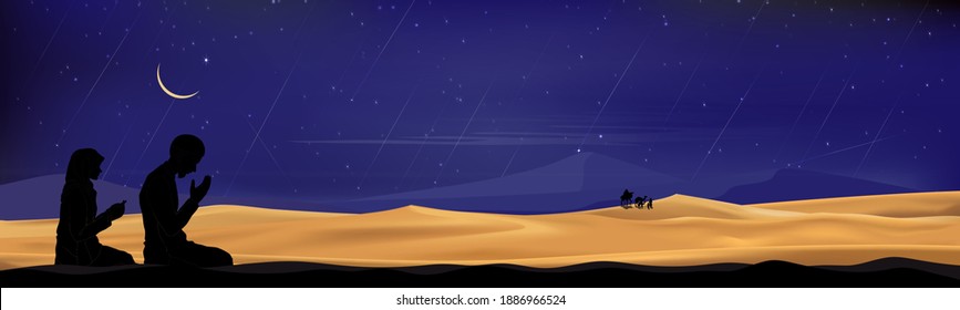 Silhouette Muslim man and woman making a supplication (salah)sitting on desert sand,Arab family and camel walking,Islamic mosque at night with crescent moon and star, Ramadan Kareem background