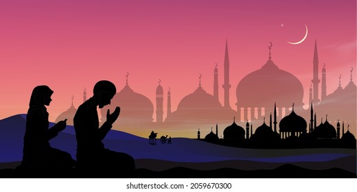 Silhouette Muslim man and woman making a supplication (salah)sitting on desert sand,Arab family and camel walking,Islamic mosque at night with crescent moon and star, Ramadan Kareem background