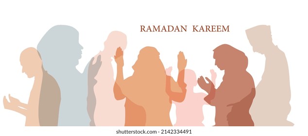 Silhouette of muslim men and woman praying, ramadan kareem	