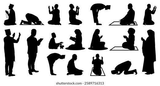 Silhouette of a Muslim Praying with Crescent Moon and Lanterns Vector Illustration for Ramadan Festival Banners, Social Media Posts, Islamic and Spiritual Art, Religious Graphics, and Posters.