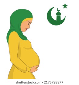 Silhouette Of Muslim Pregnant Woman With Symbol Of Islam. Flat Character