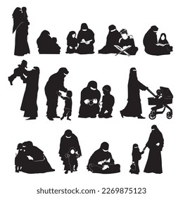 silhouette of muslim woman and child for various uses