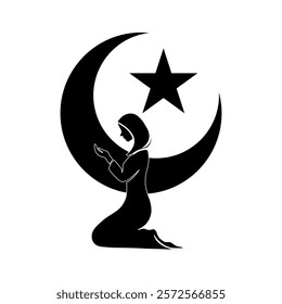 A silhouette of a Muslim woman kneeling in prayer with a crescent moon and star symbolizing faith, devotion, and Islamic spirituality.