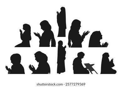 Silhouette of muslim woman praying hands dua or doa amen. side view. concept of worship, ramadan, islam, religion. Set vector illustration