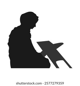 Silhouette of muslim woman  praying and reading Quran. side view. concept of worship, ramadan, islam, religion. vector illustration