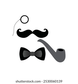 Silhouette of mustache, monocle, pipe and bow tie on white background