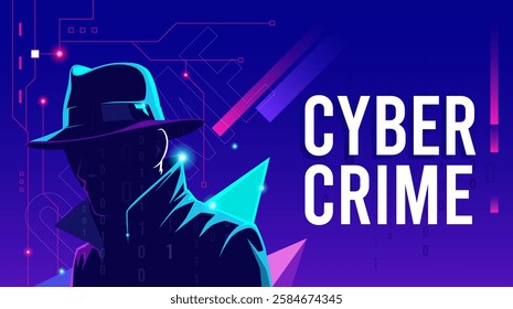 Silhouette of a mysterious man wearing a hat with light reflections against a background of binary code and geometric ornaments behind him. Cybercrime concept design