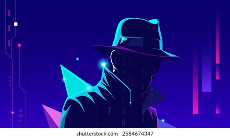 Silhouette of a mysterious man wearing a hat with light reflections against a background of binary code and geometric ornaments behind him. Cybercrime concept design