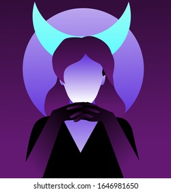 Silhouette of mysterious woman with moon shape above her head, witch or deity concept.