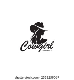 Silhouette of Mysterious Woman Wearing a Cowboy Hat, Cowgirl silhouette logo vector illustration