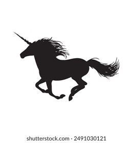 Silhouette of a mystical living unicorn with a thick mane in motion.