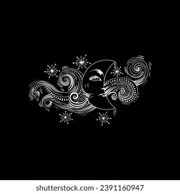 Silhouette of the mystical Moon, contours. Monochrome vector drawing. Design for a scarf, tablecloth for fortune telling, for Tarot, predictions. Black and white illustration