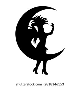 Silhouette of a mythical creature dancing on a crescent moon, evoking fantasy, magic, and nighttime wonder in a minimalist black and white design.