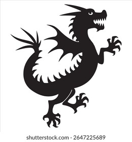 Silhueta de uma Criatura Mítica do Dragão com Garras Ferozes e Corpo Pontilhado em uma Ilustração em Preto e Branco