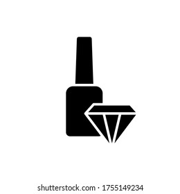 Silhouette Nail hardener icon. Bottle of firming polish and diamond. Outline black illustration of nail repair, fixing varnish, cosmetics with calcium. Flat isolated vector emblem, white background