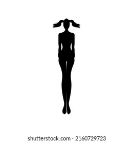 Silhouette of a naked young girl with ponytails solid black vector icon illustration isolated on white background. Art work. Symbol, sign for: infographic, logo, app, web design, dev, ui, ux. EPS 10
