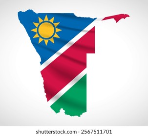 Silhouette of Namibia map filled with the Namibian flag design, symbolizing national pride, cultural heritage, and geographic identity.  
