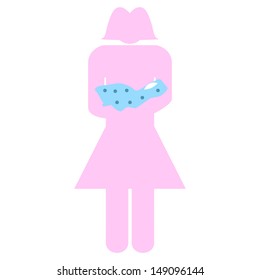 silhouette of nanny or a mother holding a baby in her arms, wrapped in a blue blanket.