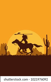 Silhouette of Native American Indian riding horseback with a spear on a wooden sign, vector