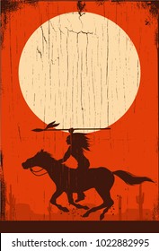 Silhouette of Native American Indian riding horseback with a spear on a wooden sign, vector