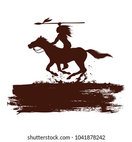 Silhouette of Native American Indian riding horseback with a spear, Vector