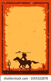 Silhouette of Native American Indian riding horseback with a spear banner, vector
