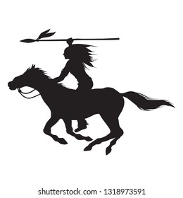 Silhouette der Indianer Indiens Reitpferd mit Speerbanner, Vektorillustration