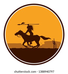 Silhouette of Native American Indian riding horseback with a spear in a round shape, Vector