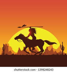 Silhouette of Native American Indian riding horseback with a spear 