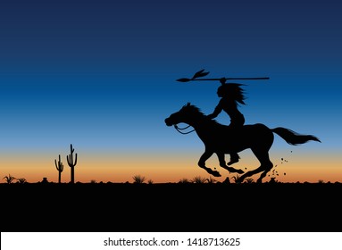 Silhouette of Native American Indian riding horseback with a spear banner, vector