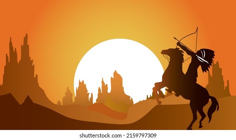 Silhouette of Native American Indian riding horseback with a spear axe, vector illustration