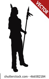 Silhouette of a native american indian with spear on white background, vector illustration