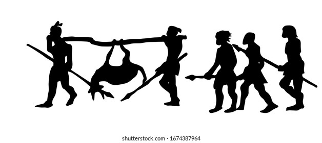 The silhouette of the natives on the hunt. Vector illustration.