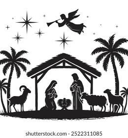 Silhouette of the Nativity, nativity scene, manger, angel, Jesus, Mary, Joseph, star, palm trees, animals.