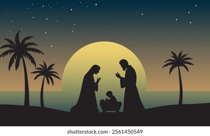 Silhouette Nativity scene with Mary, Joseph, and baby Jesus under a starry sky and glowing sun, surrounded by palm trees. Perfect for Christmas designs symbolizing peace, faith, and tradition.