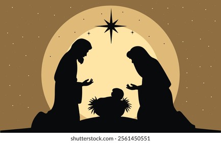 Silhouette Nativity scene with Mary, Joseph, and baby Jesus under a starry sky and glowing sun, surrounded by palm trees. Perfect for Christmas designs symbolizing peace, faith, and tradition.