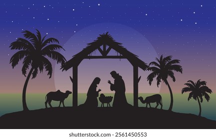 Silhouette Nativity scene with Mary, Joseph, and baby Jesus under a starry sky and glowing sun, surrounded by palm trees. Perfect for Christmas designs symbolizing peace, faith, and tradition.