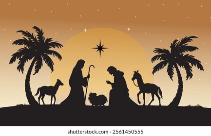 Silhouette Nativity scene with Mary, Joseph, and baby Jesus under a starry sky and glowing sun, surrounded by palm trees. Perfect for Christmas designs symbolizing peace, faith, and tradition.