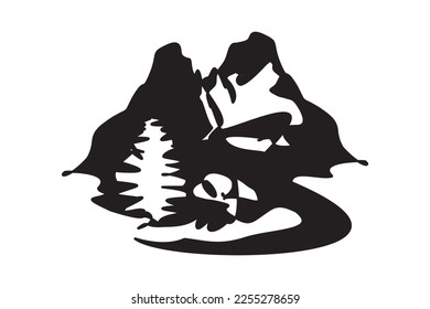 Silhouette of natural panorama of high mountains and winding roads in firs snow. Vector illustration of winter landscape in high mountains. Winter travel icon, logo, symbol.