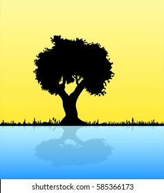 Silhouette of nature. big tree and grass, flowers plants and their reflections in a lake, pond, sunny day, yellow background