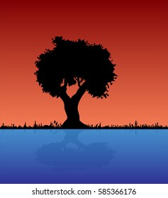 Silhouette of nature. big tree and grass, plant flowers, and their reflection in a lake, pond, sunny day, an orange with a blue background