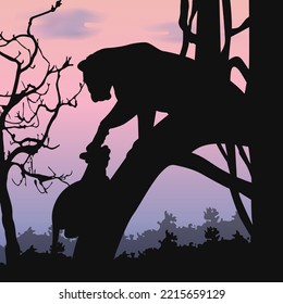 Silhouette nature landscape. Silhouette of mother lion and cub on the tree. Vector illustration